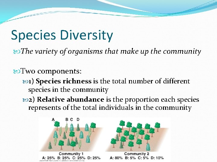 Species Diversity The variety of organisms that make up the community Two components: 1)