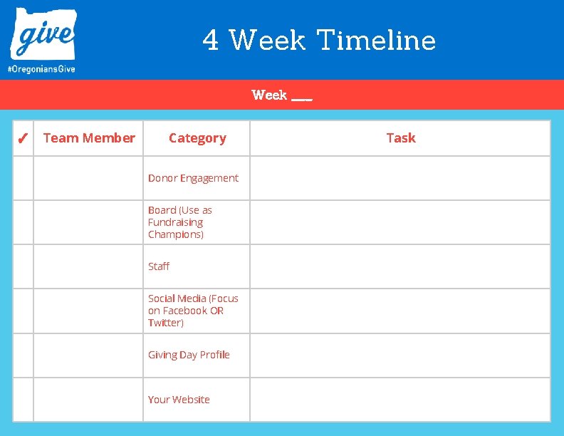 4 Week Timeline Week ___ ✓ Team Member Category Donor Engagement Board (Use as