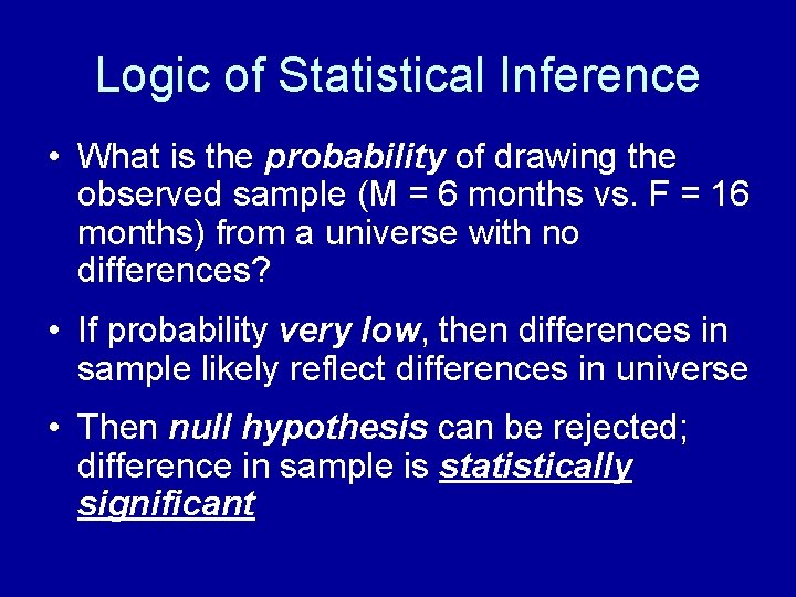Logic of Statistical Inference • What is the probability of drawing the observed sample Logic of Statistical Inference • What is the probability of drawing the observed sample