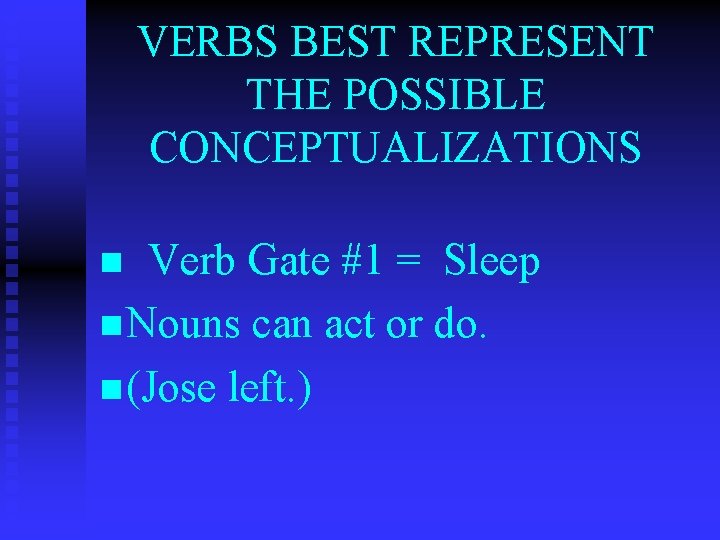 VERBS BEST REPRESENT THE POSSIBLE CONCEPTUALIZATIONS Verb Gate #1 = Sleep n Nouns can