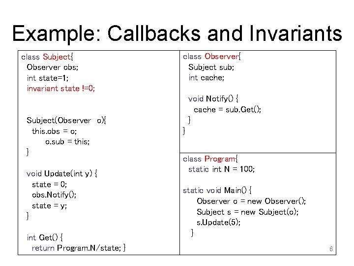 Example: Callbacks and Invariants class Subject{ Observer obs; int state=1; invariant state !=0; Subject(Observer