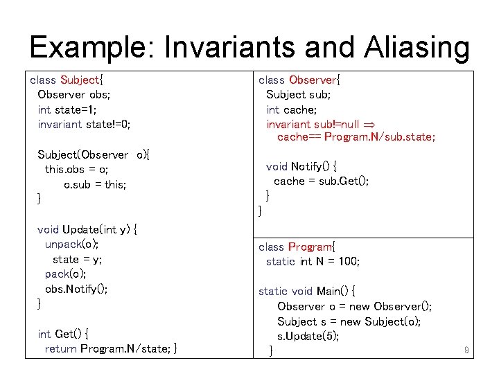 Example: Invariants and Aliasing class Subject{ Observer obs; int state=1; invariant state!=0; class Observer{