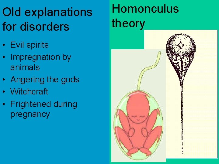 Old explanations for disorders • Evil spirits • Impregnation by animals • Angering the