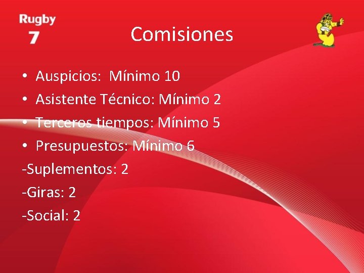 Comisiones • Auspicios: Mínimo 10 • Asistente Técnico: Mínimo 2 • Terceros tiempos: Mínimo