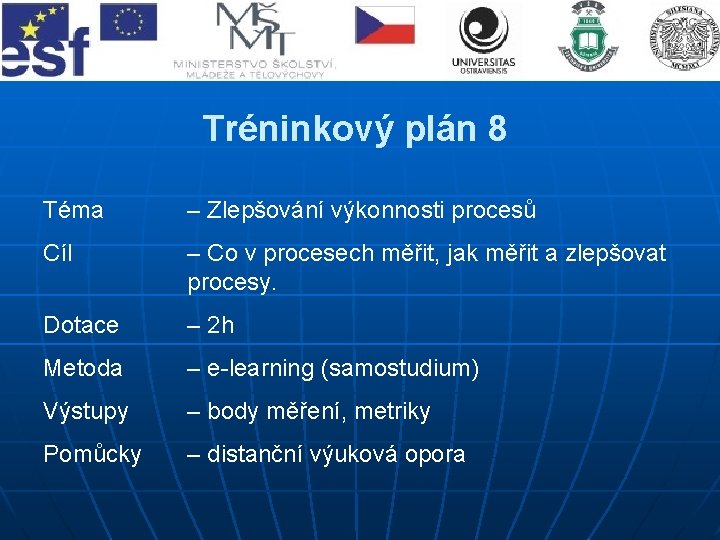 Tréninkový plán 8 Téma – Zlepšování výkonnosti procesů Cíl – Co v procesech měřit,