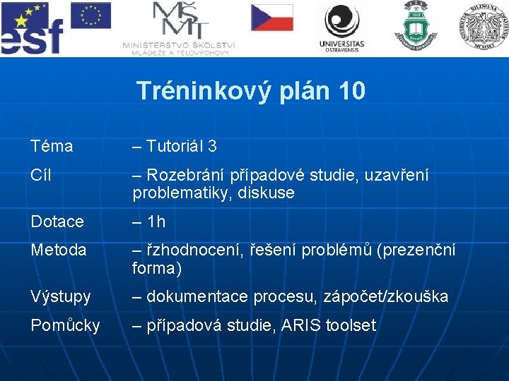 Tréninkový plán 10 Téma – Tutoriál 3 Cíl – Rozebrání případové studie, uzavření problematiky,