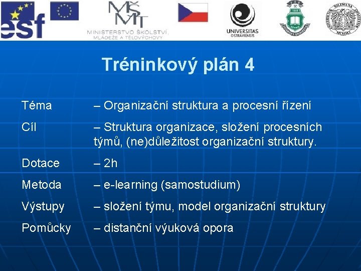 Tréninkový plán 4 Téma – Organizační struktura a procesní řízení Cíl – Struktura organizace,