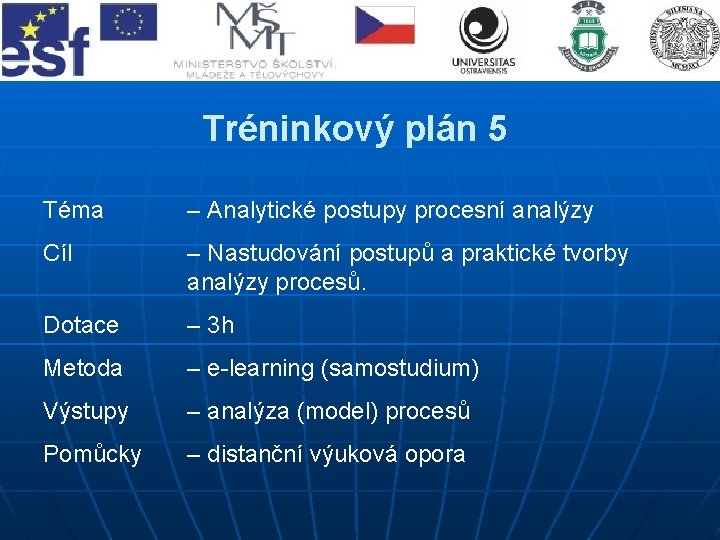 Tréninkový plán 5 Téma – Analytické postupy procesní analýzy Cíl – Nastudování postupů a