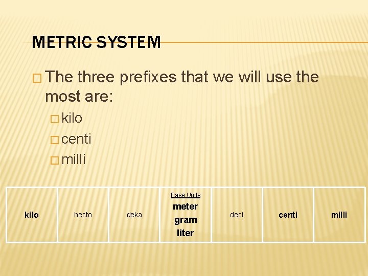 METRIC SYSTEM � The three prefixes that we will use the most are: �