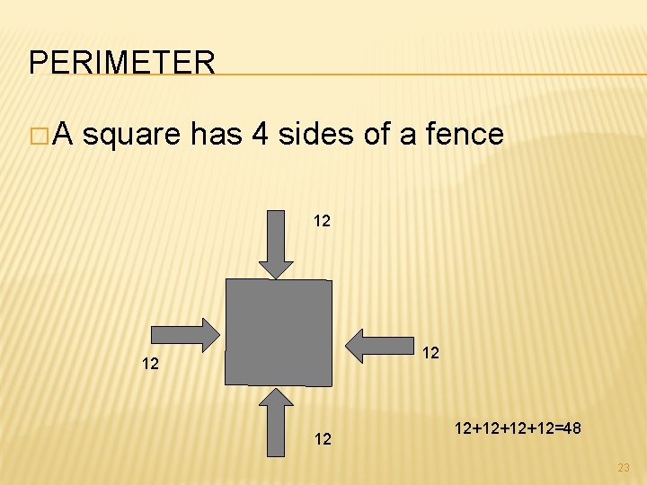 PERIMETER � A square has 4 sides of a fence 12 12 12+12+12+12=48 23