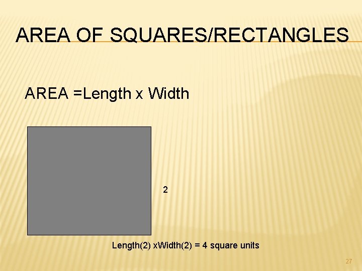 AREA OF SQUARES/RECTANGLES AREA =Length x Width 2 Length(2) x. Width(2) = 4 square