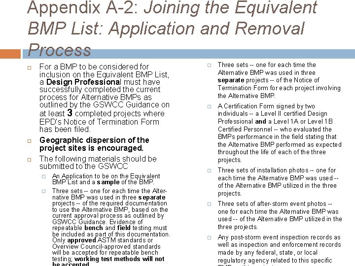 Appendix A-2: Joining the Equivalent BMP List: Application and Removal Process For a BMP