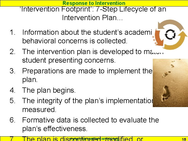 Response to Intervention ‘Intervention Footprint’: 7 -Step Lifecycle of an Intervention Plan… 1. Information