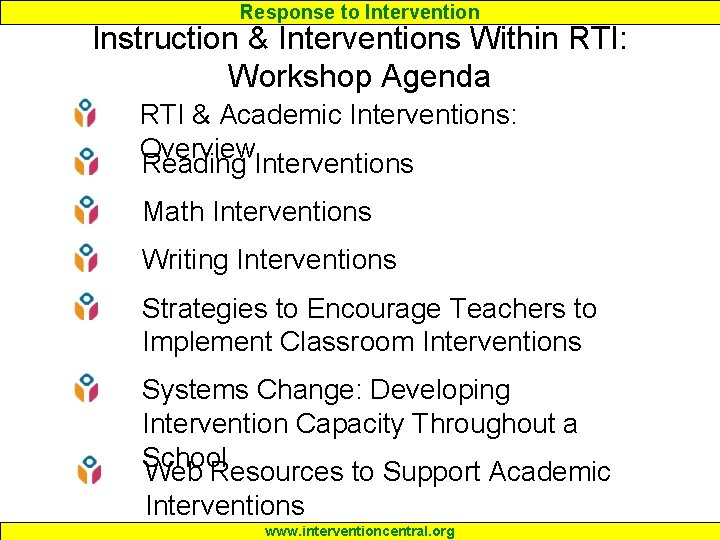 Response to Intervention Instruction & Interventions Within RTI: Workshop Agenda RTI & Academic Interventions: