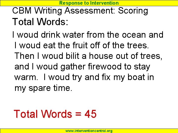 Response to Intervention CBM Writing Assessment: Scoring Total Words: I woud drink water from