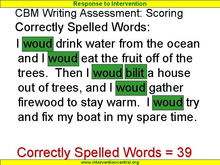 Response to Intervention CBM Writing Assessment: Scoring Correctly Spelled Words: I woud drink water