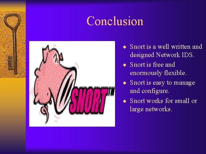 Conclusion ¨ Snort is a well written and designed Network IDS. ¨ Snort is