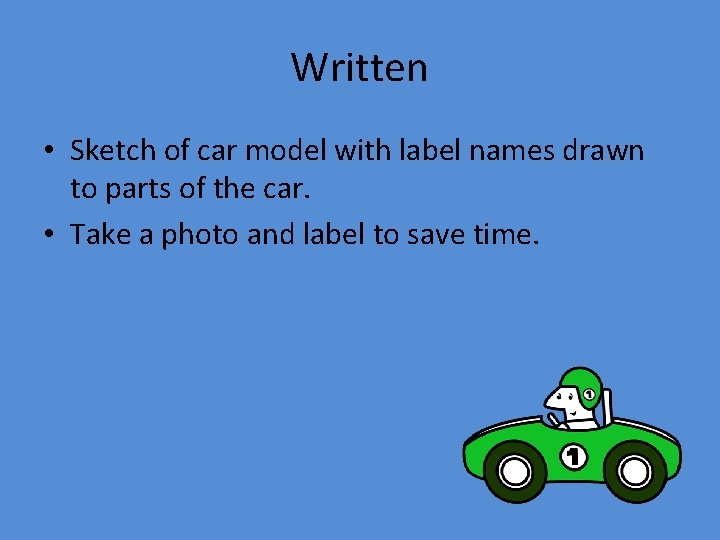 Written • Sketch of car model with label names drawn to parts of the