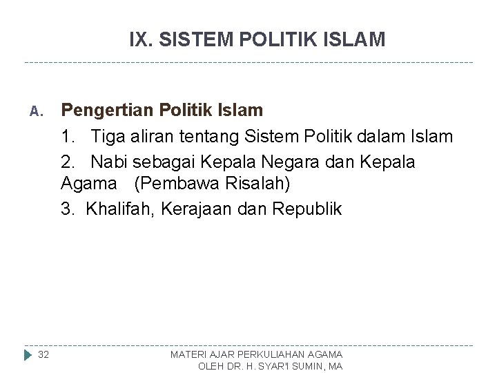 IX. SISTEM POLITIK ISLAM A. 32 Pengertian Politik Islam 1. Tiga aliran tentang Sistem