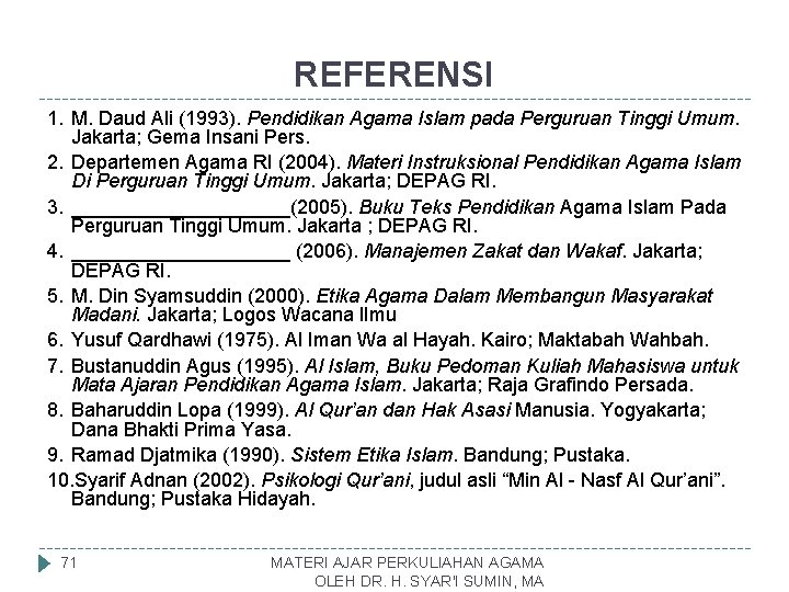 REFERENSI 1. M. Daud Ali (1993). Pendidikan Agama Islam pada Perguruan Tinggi Umum. Jakarta;