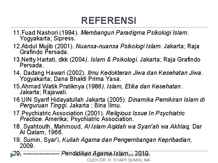 REFERENSI 11. Fuad Nashori (1994). Membangun Paradigma Psikologi Islam. Yogyakarta; Sipress. 12. Abdul Mujib