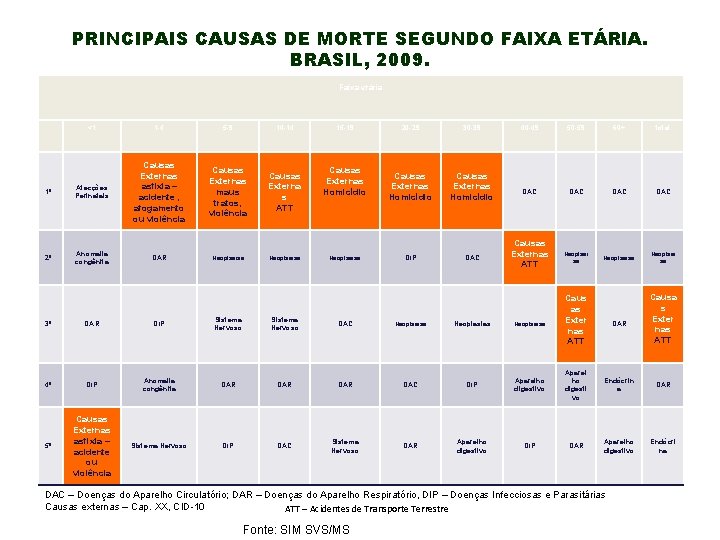 PRINCIPAIS CAUSAS DE MORTE SEGUNDO FAIXA ETÁRIA. BRASIL, 2009. Faixa etária <1 1 -4