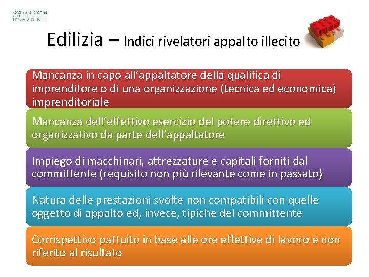 5 Edilizia – Indici rivelatori appalto illecito Mancanza in capo all’appaltatore della qualifica di