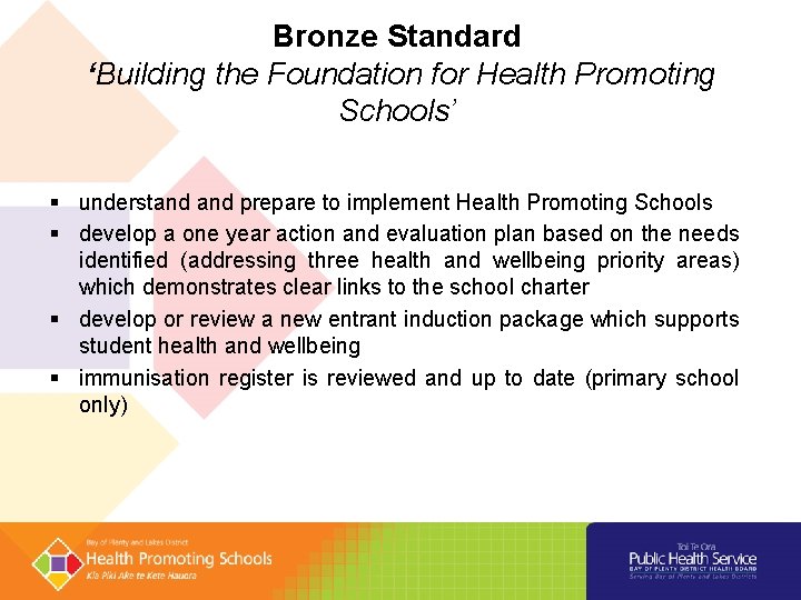 Bronze Standard ‘Building the Foundation for Health Promoting Schools’ understand prepare to implement Health