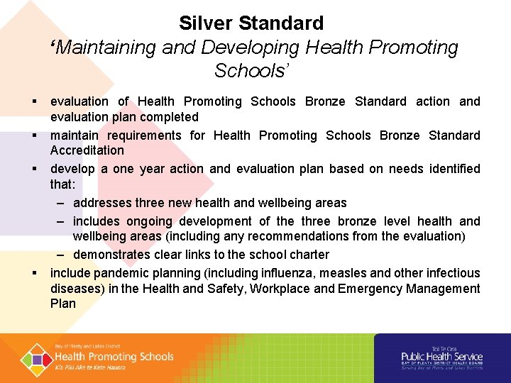 Silver Standard ‘Maintaining and Developing Health Promoting Schools’ evaluation of Health Promoting Schools Bronze