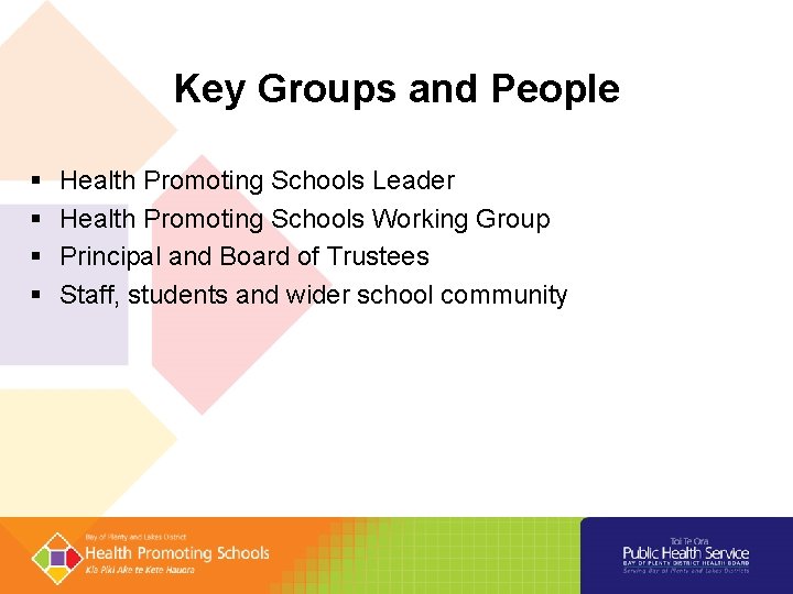 Key Groups and People Health Promoting Schools Leader Health Promoting Schools Working Group Principal