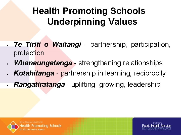 Health Promoting Schools Underpinning Values Te Tiriti o Waitangi - partnership, participation, protection Whanaungatanga