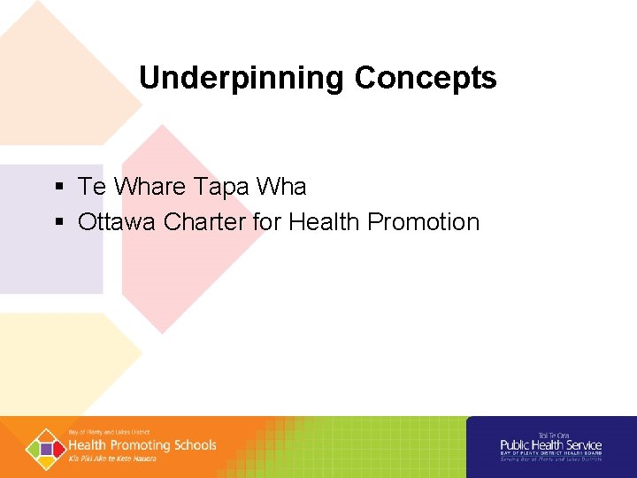 Underpinning Concepts Te Whare Tapa Wha Ottawa Charter for Health Promotion 