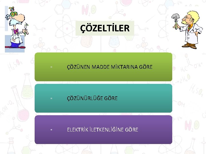 ÇÖZELTİLER ÇÖZÜNEN MADDE MİKTARINA GÖRE ÇÖZÜNÜRLÜĞE GÖRE ELEKTRİK İLETKENLİĞİNE GÖRE 