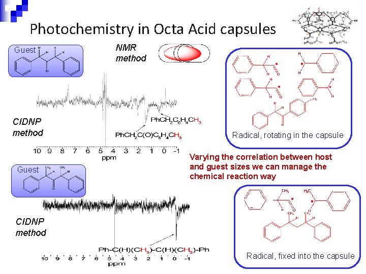 Photochemistry in Octa Acid capsules Guest CIDNP method Guest NMR method Radical, rotating in