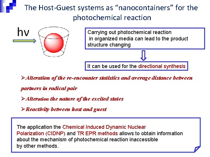 The Host-Guest systems as “nanocontainers” for the photochemical reaction hν Carrying out photochemical reaction