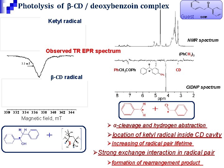 Photolysis of b-CD / deoxybenzoin complex Guest Ketyl radical NMR spectrum Observed TR EPR