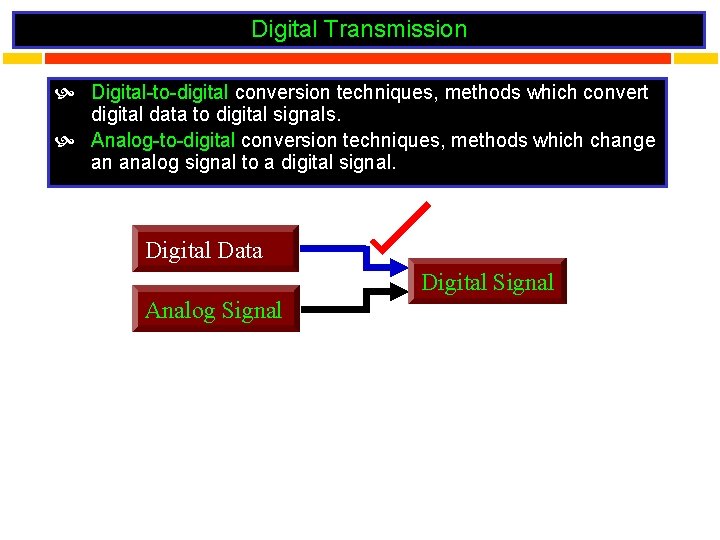 Digital Transmission Digital-to-digital conversion techniques, methods which convert digital data to digital signals. Analog-to-digital