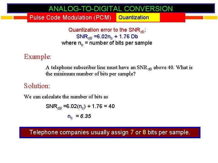 ANALOG-TO-DIGITAL CONVERSION Pulse Code Modulation (PCM) Quantization error to the SNRd. B: SNRd. B