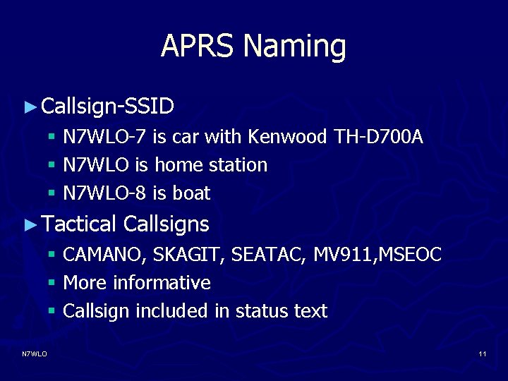 APRS Naming ► Callsign-SSID § N 7 WLO-7 is car with Kenwood TH-D 700