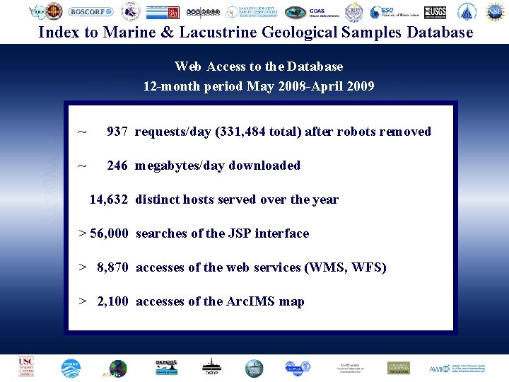 Geophysical Center. Samples (NGDC)Database Index to. National Marine & Lacustrine. Data Geological Web Access