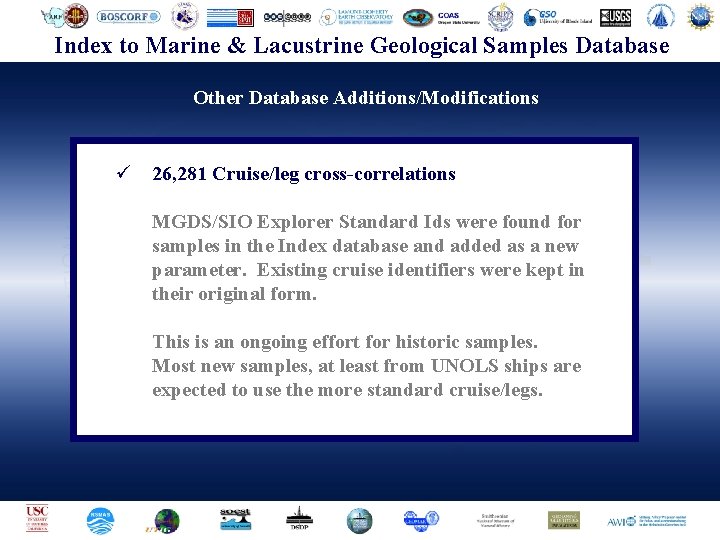Geophysical Center. Samples (NGDC)Database Index to. National Marine & Lacustrine. Data Geological Other Database