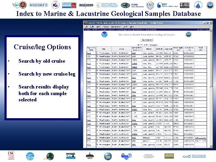 Geophysical Center. Samples (NGDC)Database Index to. National Marine & Lacustrine. Data Geological Cruise/leg Options