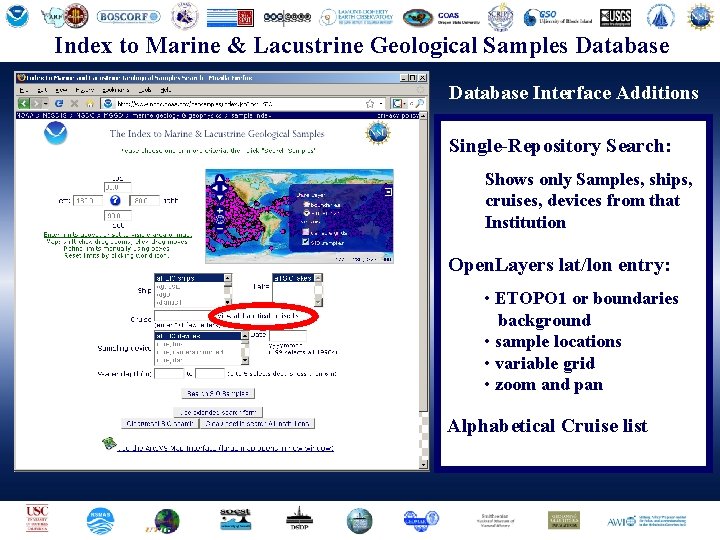 Geophysical Center. Samples (NGDC)Database Index to. National Marine & Lacustrine. Data Geological Database Interface
