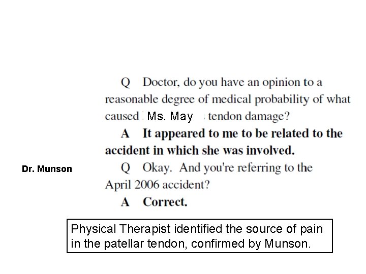 Ms. May Dr. Munson Physical Therapist identified the source of pain in the patellar