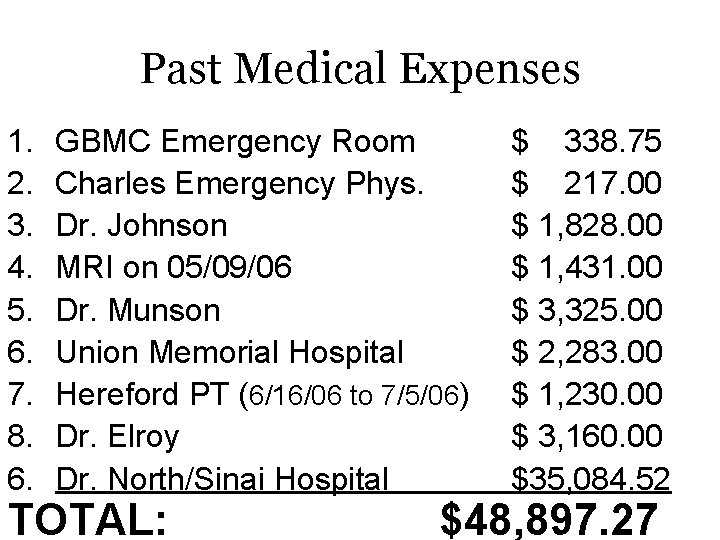 Past Medical Expenses 1. 2. 3. 4. 5. 6. 7. 8. 6. GBMC Emergency