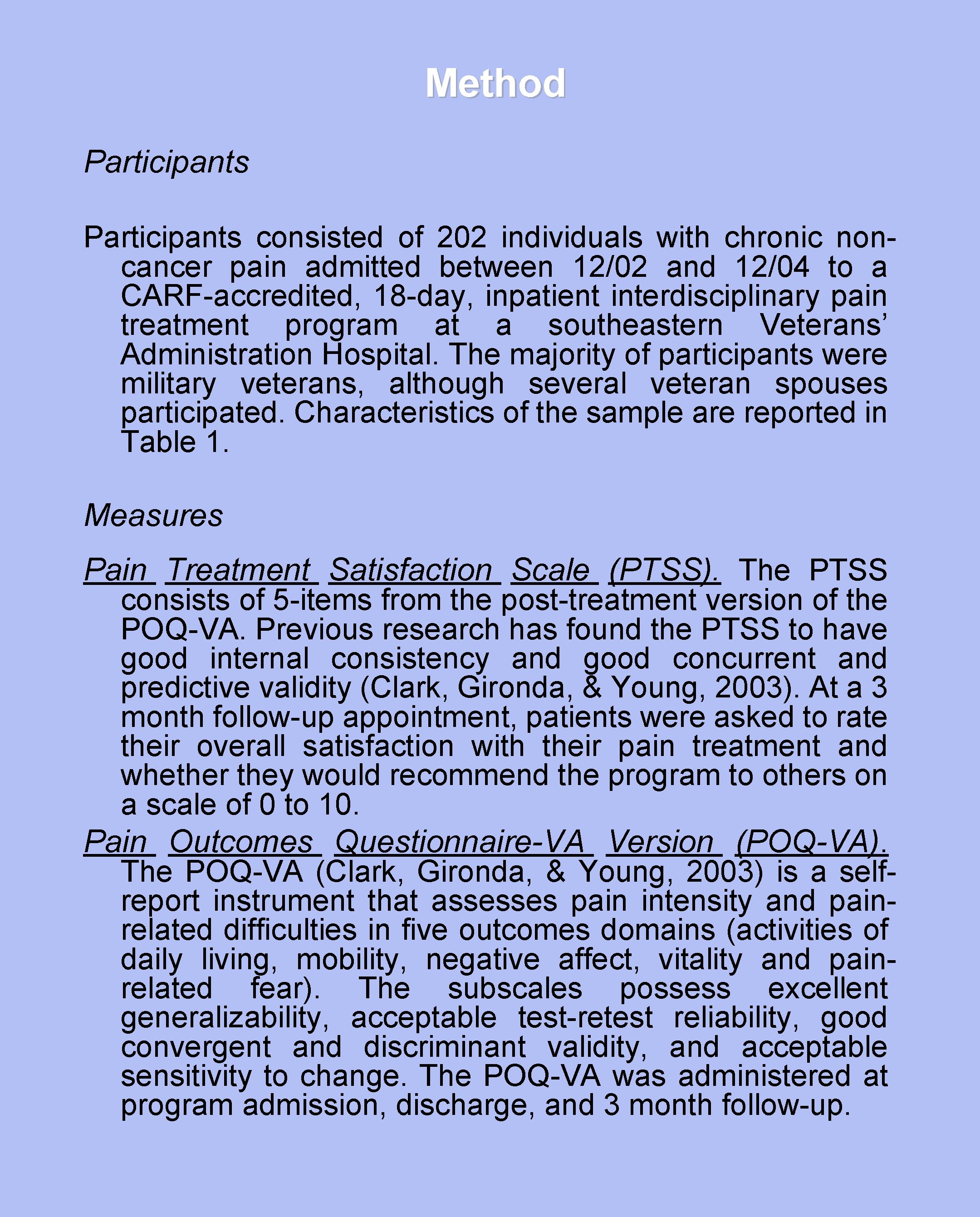 Method Participants consisted of 202 individuals with chronic noncancer pain admitted between 12/02 and