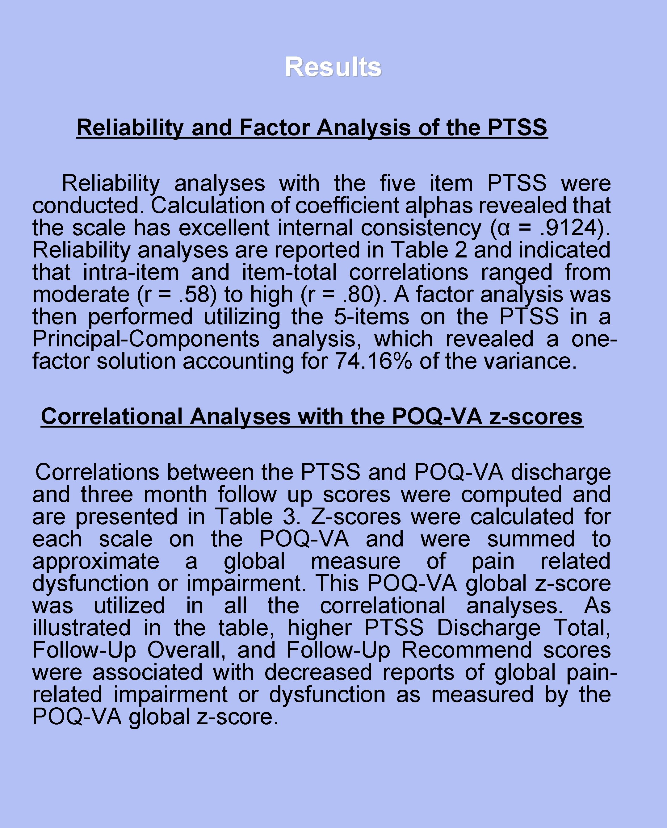 Results Reliability and Factor Analysis of the PTSS Reliability analyses with the five item