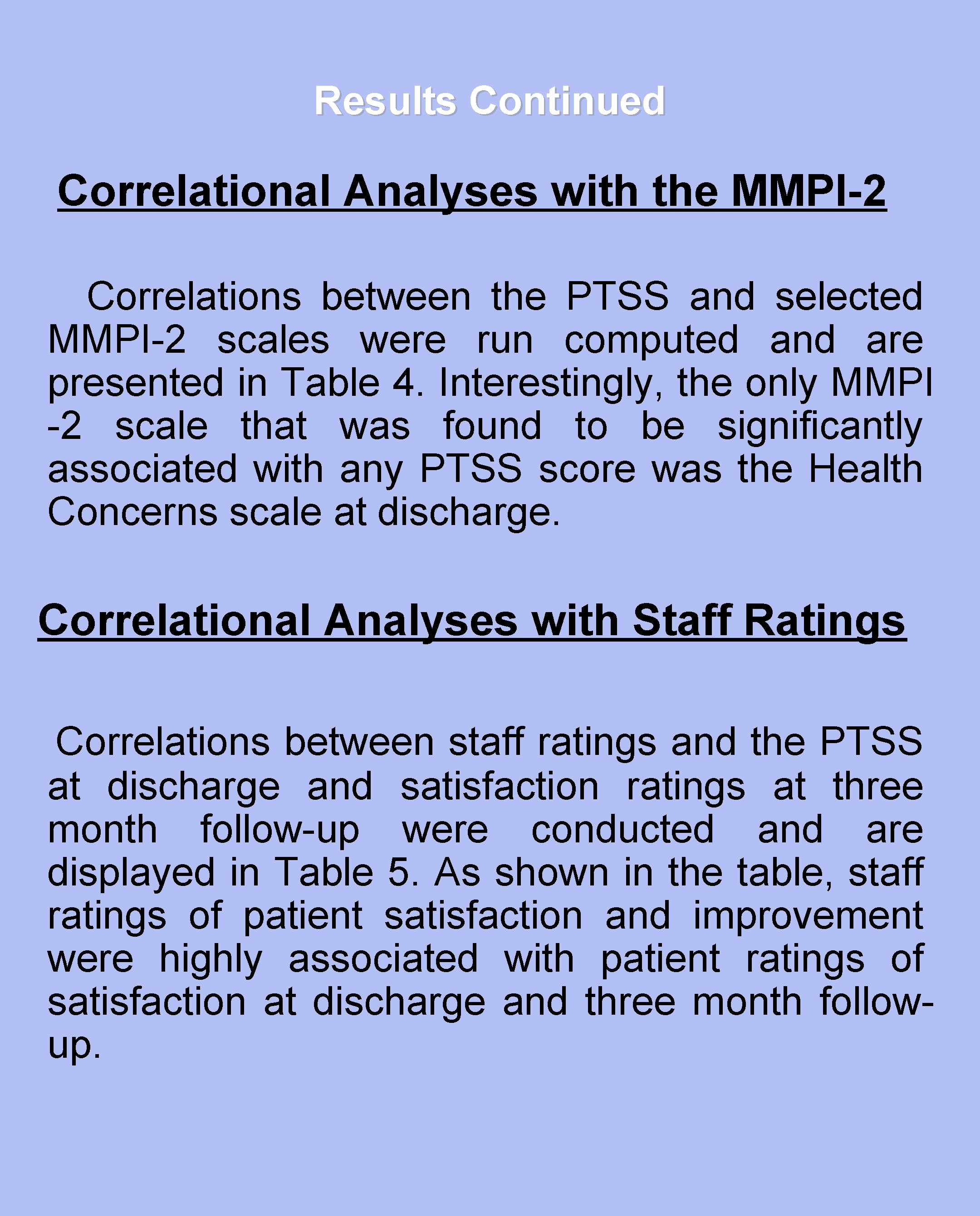 Results Continued Correlational Analyses with the MMPI-2 Correlations between the PTSS and selected MMPI-2