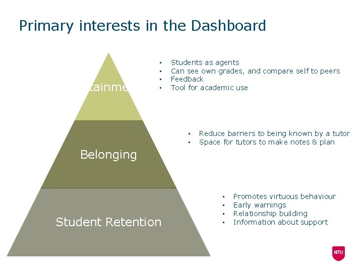 Primary interests in the Dashboard Attainment • • Students as agents Can see own
