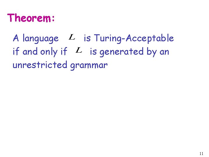 Theorem: A language is Turing-Acceptable if and only if is generated by an unrestricted